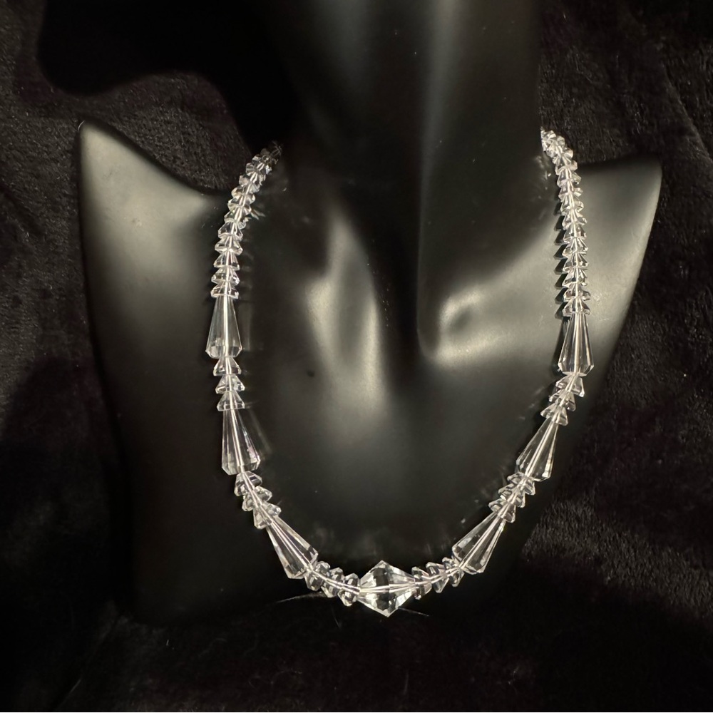 Vintage Unique Clear Crystal & Silver Necklace With Faceted Cone Shaped Beads